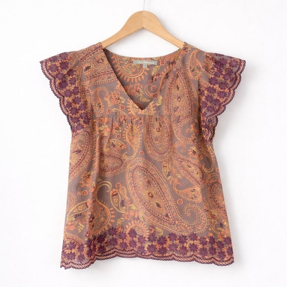 Daniel Rainn Tops - Daniel Rainn Boho Linen Blend Paisley Blouse Top Women S Pink Embroidered Trim